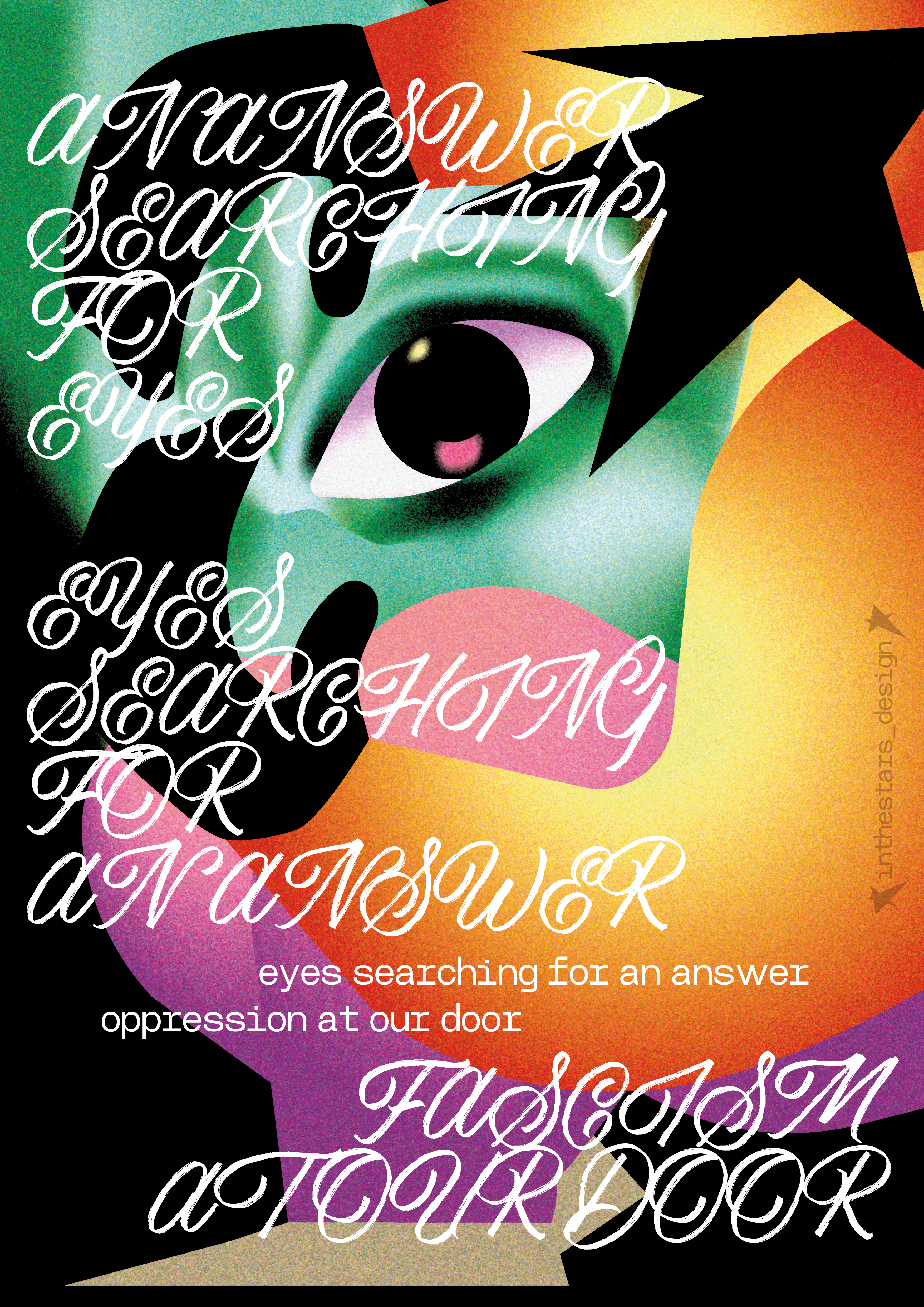 Illustration d'un oeil au milieu nous regardant directement avec un personnage à tête d'étoile le tenant. Version turquoise, orange et violet